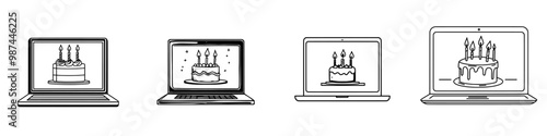 Graphite birthday cake illustration on laptop with hand drawn doodles