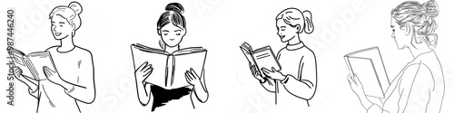 Modern handdrawn illustration of a woman holding a book