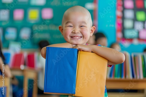 Classroom scene child smiling and holding colorful books. Child's smile lights up classroom they hold colorful books. The innocent curiosity and eagerness to learn. photo