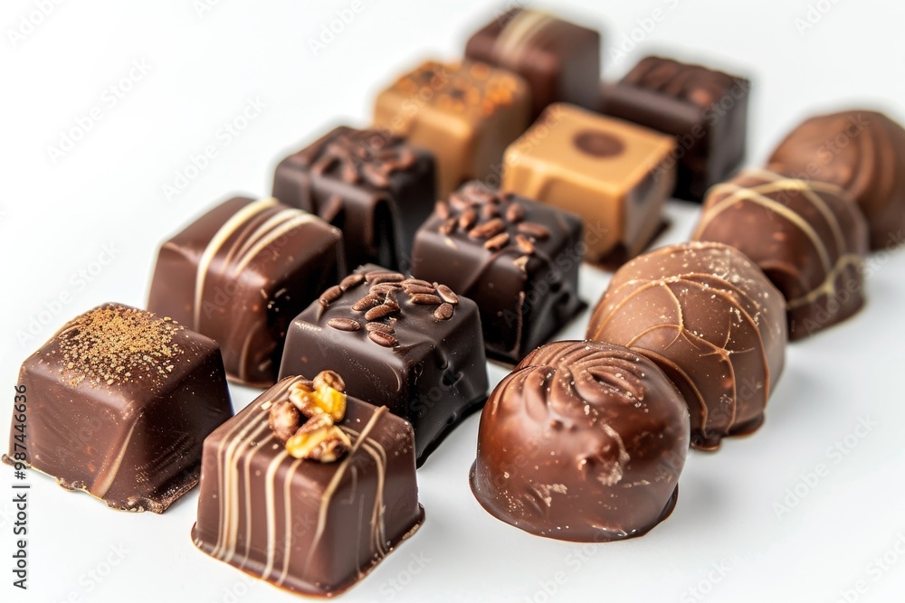 Assorted chocolate candies with different fillings on a white background, with full depth of field, showcasing the diverse flavors Assorted chocolate candies with different fillings on a white background, with full depth of field, showcasing the diverse flavors