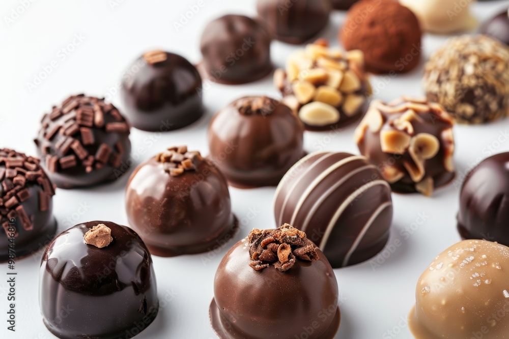 Assorted chocolate candies with different fillings on a white background, with full depth of field, showcasing the diverse flavors Assorted chocolate candies with different fillings on a white background, with full depth of field, showcasing the diverse flavors
