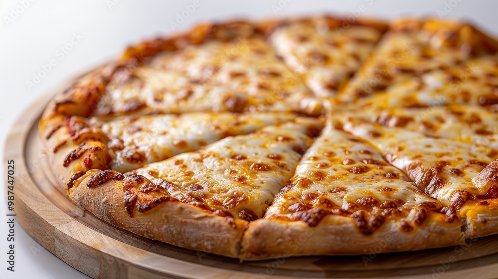 Classic cheese pizza with a crispy golden crust, artfully arranged on a wooden plate against a bright white background Classic cheese pizza with a crispy golden crust, artfully arranged on a wooden plate against a bright white background