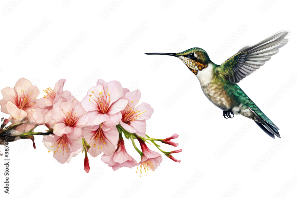 Fototapeta premium Hummingbird Sucking nectar from flowers on a white background