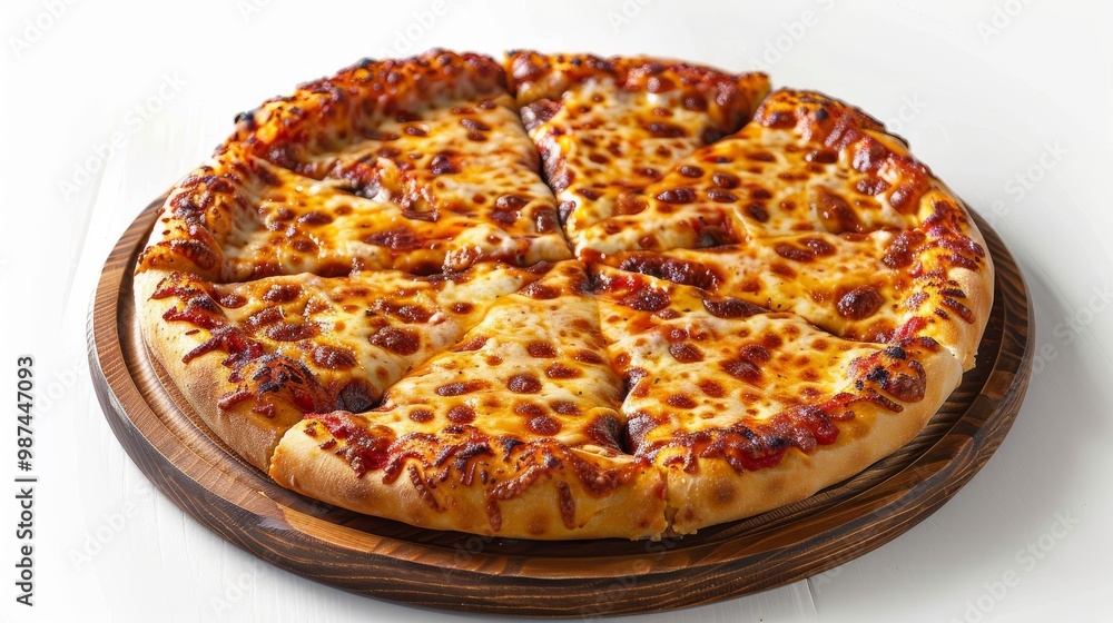 Classic cheese pizza with a crispy golden crust, artfully arranged on a wooden plate against a bright white background Classic cheese pizza with a crispy golden crust, artfully arranged on a wooden plate against a bright white background