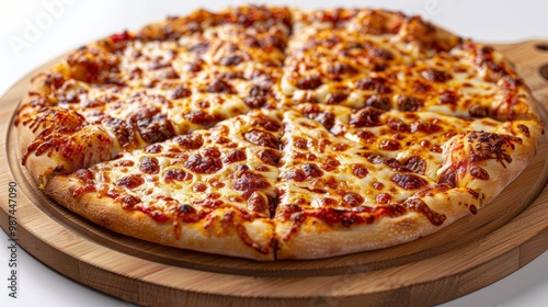 Classic cheese pizza with a crispy golden crust, artfully arranged on a wooden plate against a bright white background