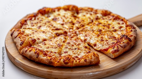 Classic cheese pizza with a crispy golden crust, artfully arranged on a wooden plate against a bright white background