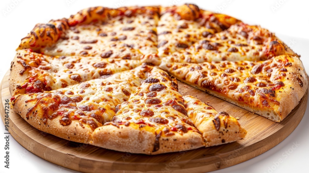 Classic cheese pizza with a crispy golden crust, artfully arranged on a wooden plate against a bright white background Classic cheese pizza with a crispy golden crust, artfully arranged on a wooden plate against a bright white background
