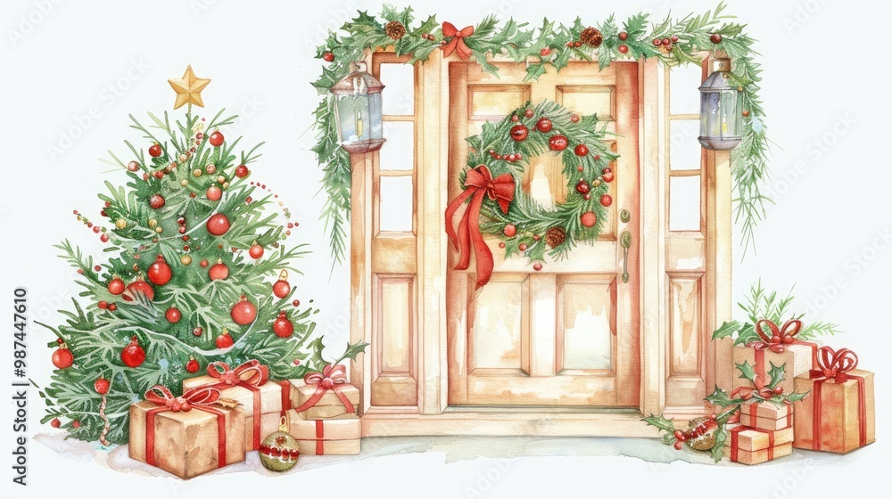 A Christmas door in front of the house A Christmas door in front of the house
