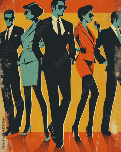 Group of stylish professionals in suits in 1960s-inspired poster art