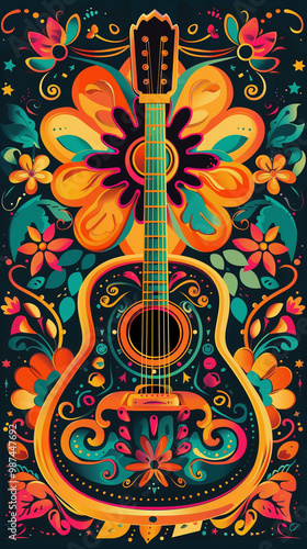 Colorful retro guitar with vibrant floral designs in psychedelic 1960s concert poster style