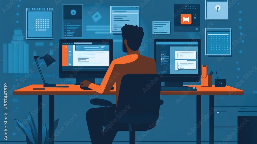Remote worker ensuring privacy by using a secure VPN and encryption software while working from home. Remote worker ensuring privacy by using a secure VPN and encryption software while working from home.