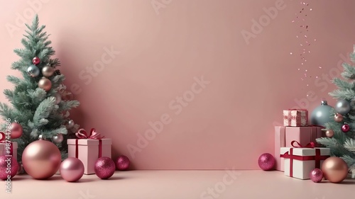 Christmas decoration border in pastel pink background