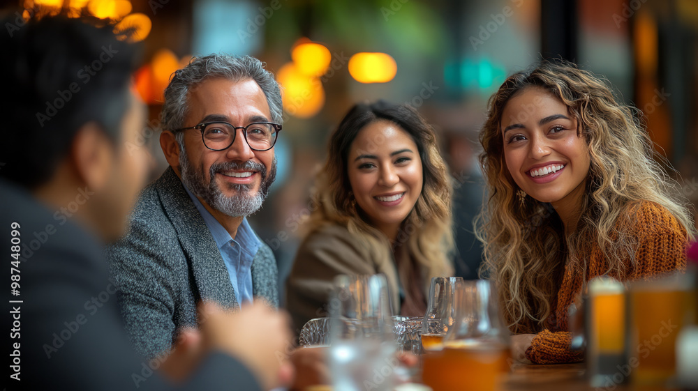 group of hispanic married couples sitting at a large table talking to each other. group of hispanic married couples sitting at a large table talking to each other.