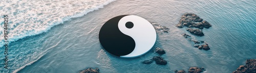 Yin Yang Symbol Floating on Ocean Waves with Rocky Shoreline in Serene Coastal Landscape photo