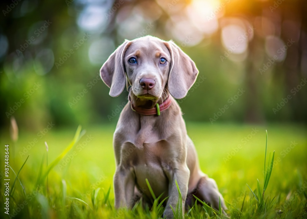 Adorable Grey Weimaraner Puppy Sitting on Grass with Playful Expression in Natural Outdoor Setting Adorable Grey Weimaraner Puppy Sitting on Grass with Playful Expression in Natural Outdoor Setting