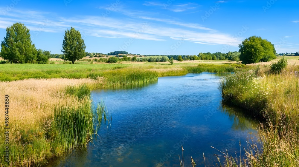 Serene river landscape under blue skies Serene river landscape under blue skies