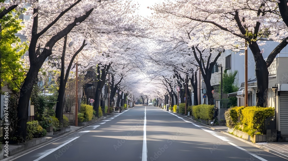 Serene street lined with blooming cherry blossom trees, creating a picturesque and peaceful atmosphere in spring. Serene street lined with blooming cherry blossom trees, creating a picturesque and peaceful atmosphere in spring.