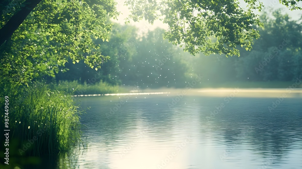Serene water with lush greenery and sunlight Serene water with lush greenery and sunlight