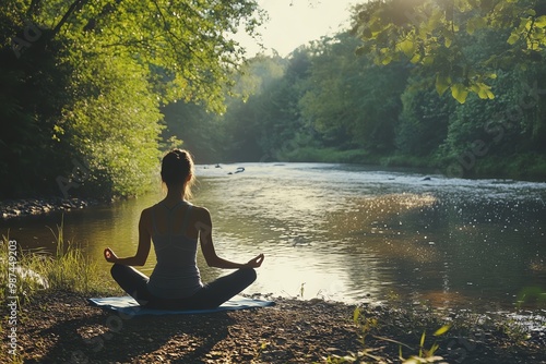 Woman practicing yoga by a peaceful river