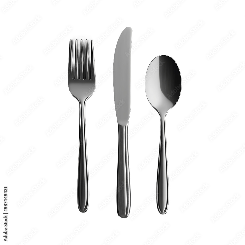 Elegant stainless steel cutlery set featuring a fork, knife, and spoon on a transparent background Elegant stainless steel cutlery set featuring a fork, knife, and spoon on a transparent background