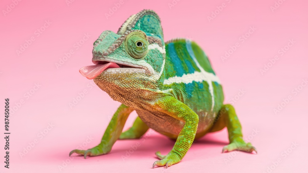 Fototapeta premium Chameleon on pink background 