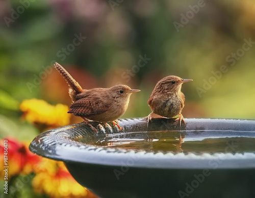 Two Small Wrens at a Bird Bath AI