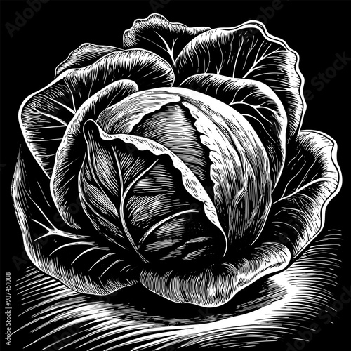 A black and white drawing of a cabbage
