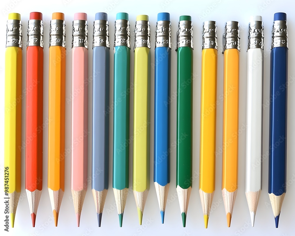 Vibrant Assortment of Perfectly Aligned Mechanical Pencils on Plain Background Vibrant Assortment of Perfectly Aligned Mechanical Pencils on Plain Background