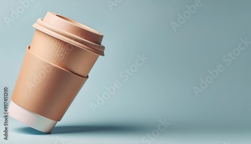 Stylish takeaway coffee cup on soft blue background, perfect for beverage themes and eco-friendly concepts. photo