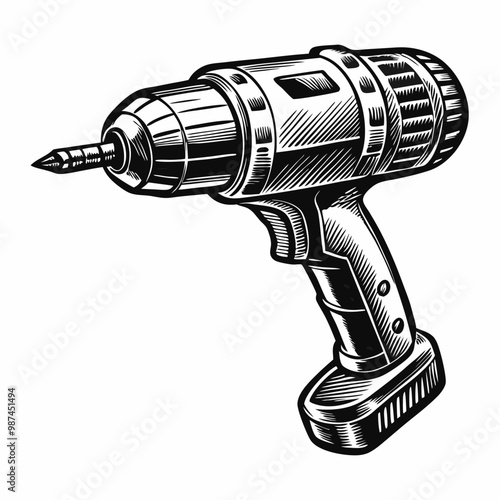 Vintage Black and White Cordless Drill Vector Illustration