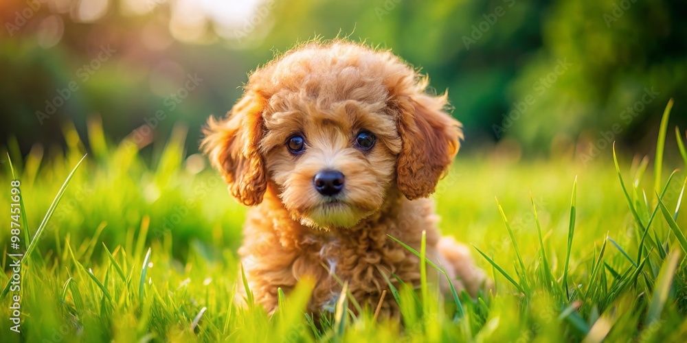 Adorable Mini Poodle Puppy Playing in the Grass with Bright Eyes and Fluffy Coat, Outdoor Fun Adorable Mini Poodle Puppy Playing in the Grass with Bright Eyes and Fluffy Coat, Outdoor Fun