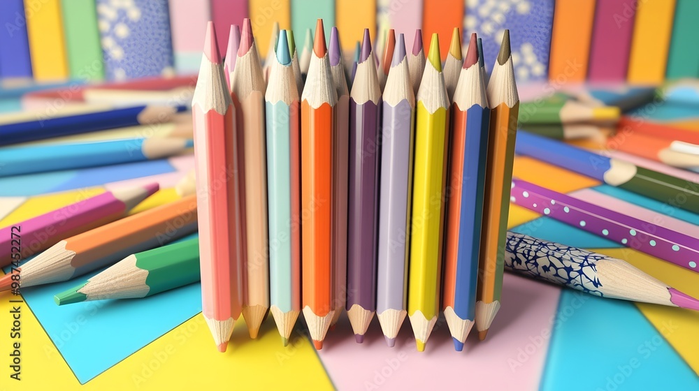 Fototapeta premium Vibrant Colored Pencils in Dreamy Memphis Inspired Composition