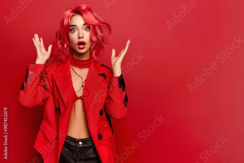 Striking image of colorful stylish young woman undeniable flair. Young woman flaunts bold color and style extravagant flair. Exploration of daring fashion and beauty of uniqueness. photo