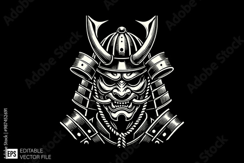 oni mask samurai dark art style vector design black and white illustration