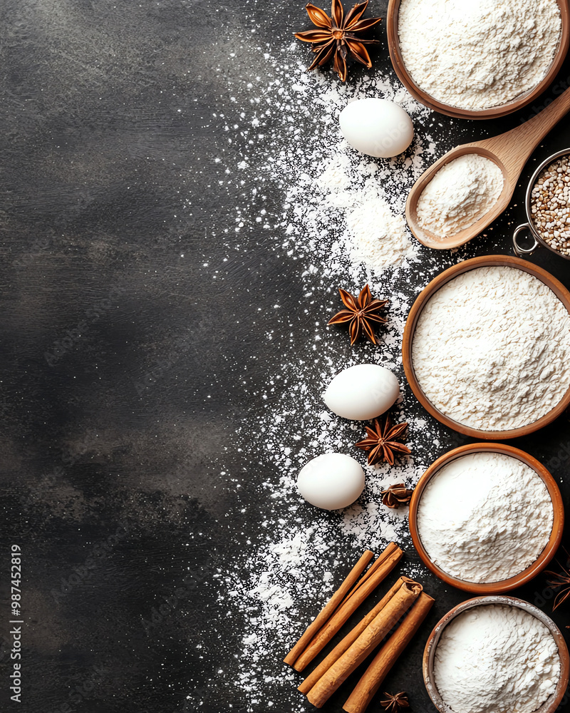 Top view of various baking ingredients arranged on a dark surface, including flour, eggs, and spices, perfect for culinary-themed projects. Top view of various baking ingredients arranged on a dark surface, including flour, eggs, and spices, perfect for culinary-themed projects.