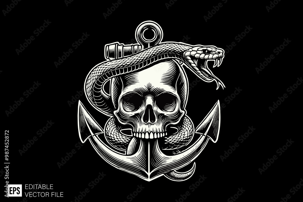 skull head with snake dark art style vector design black and white illustration skull head with snake dark art style vector design black and white illustration