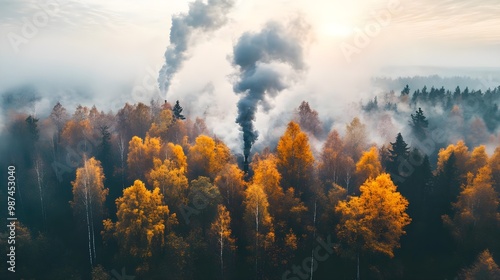 Smoke rising from trees in a colorful forest