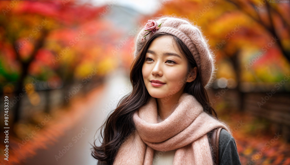 Beautiful Asian Woman in Autumn Scenery with Colorful Leaves and Cozy Fashion Beautiful Asian Woman in Autumn Scenery with Colorful Leaves and Cozy Fashion