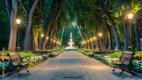Serene Evening Stroll Through a Tree-Lined Park Path