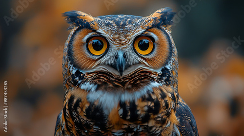 A close-up of an owl's face with bright yellow eyes.