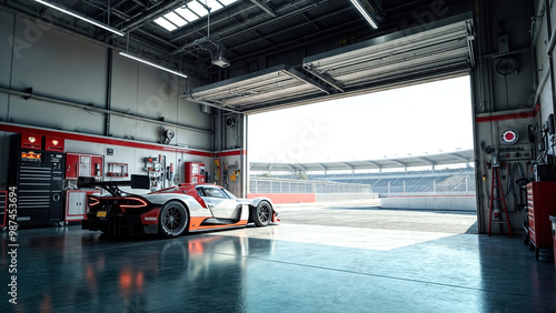 White racing car parked inside garage facing empty racetrack