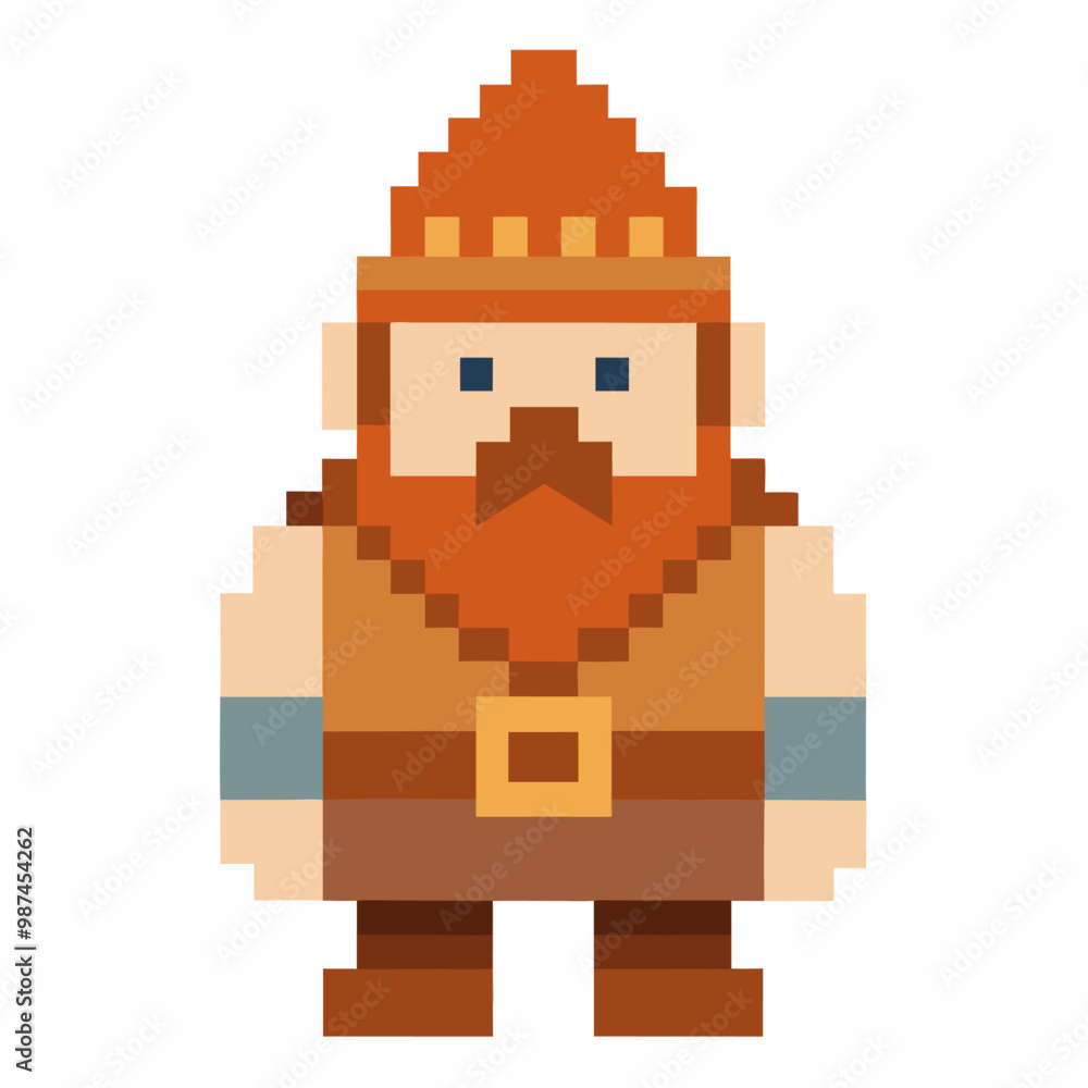 Fototapeta premium Retro Pixel Art Dwarf Character with Red Beard and Pointed Hat