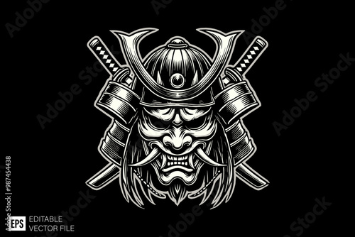 oni mask samurai dark art style vector design black and white illustration