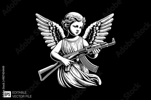 vintage cupid holding gun dark art style vector design black and white illustration