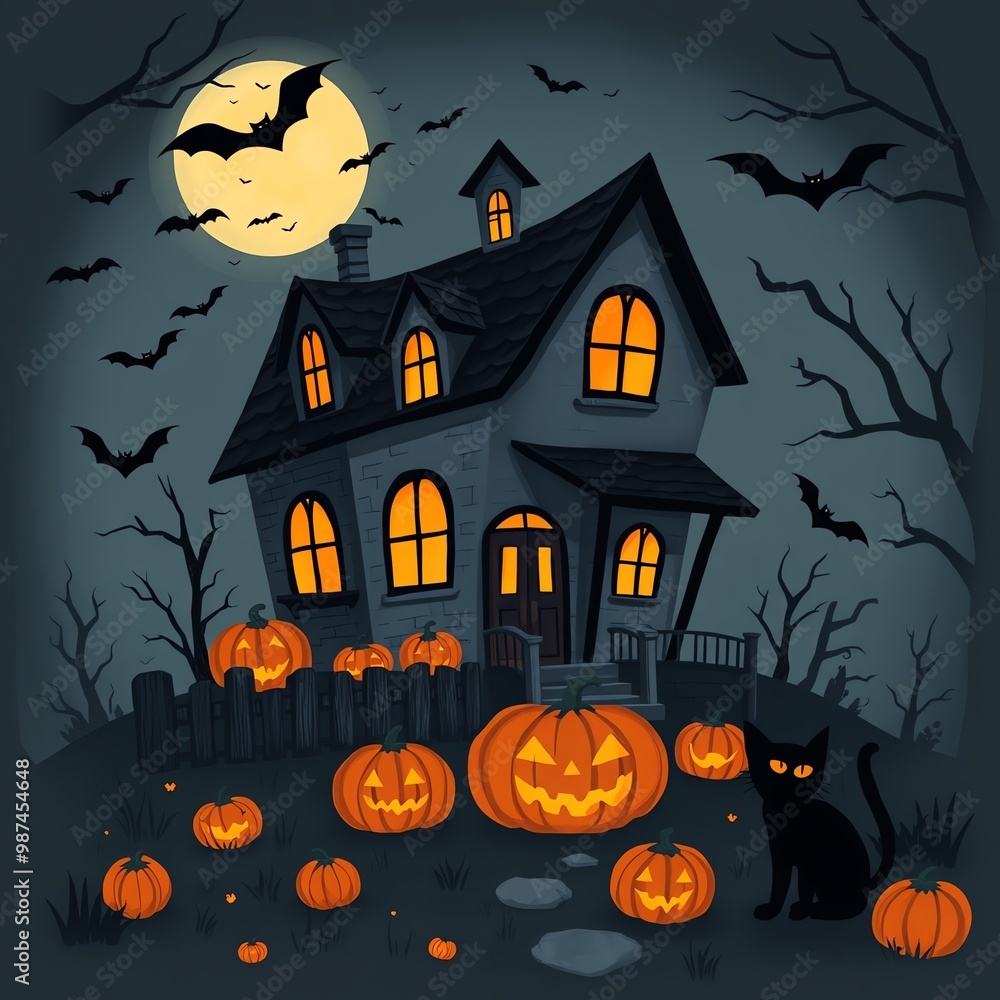 Haunted house with pumpkins and bats at night. Haunted house with pumpkins and bats at night.