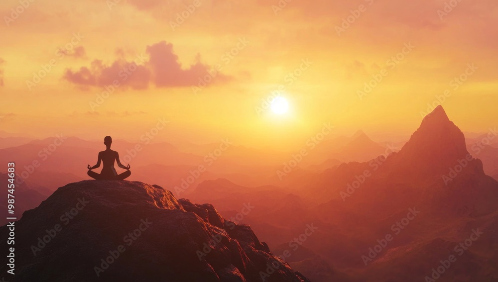 Silhouette of a Woman Meditating on a Mountain Peak at Sunset Silhouette of a Woman Meditating on a Mountain Peak at Sunset