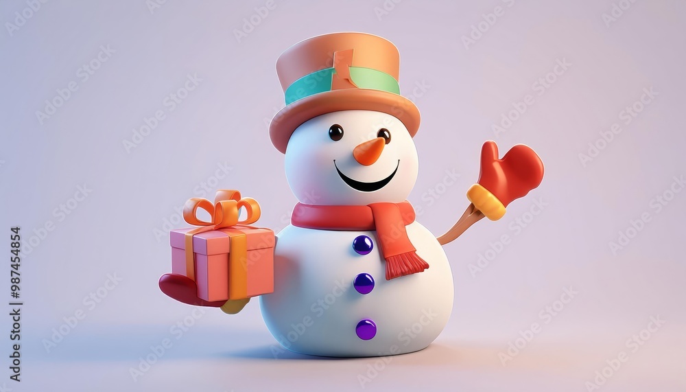 A cheerful snowman holding a gift, perfect for winter holiday themes, on a soft, pastel background. A cheerful snowman holding a gift, perfect for winter holiday themes, on a soft, pastel background.