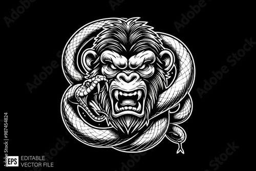 angry ape dark art style vector design black and white illustration