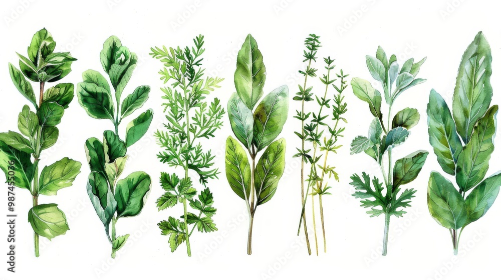 Fototapeta premium Hand drawn watercolor fresh greens assortment on white background