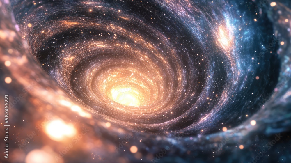 A 3D cosmic vortex, with swirling stars and gas clouds spiraling into a glowing galaxy core. A 3D cosmic vortex, with swirling stars and gas clouds spiraling into a glowing galaxy core.